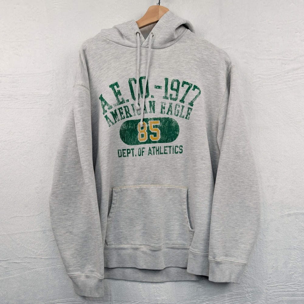 VTG American Eagle Athletics Boxy Hoodie Men's XL Gray Spellout Heavyweight Y2K